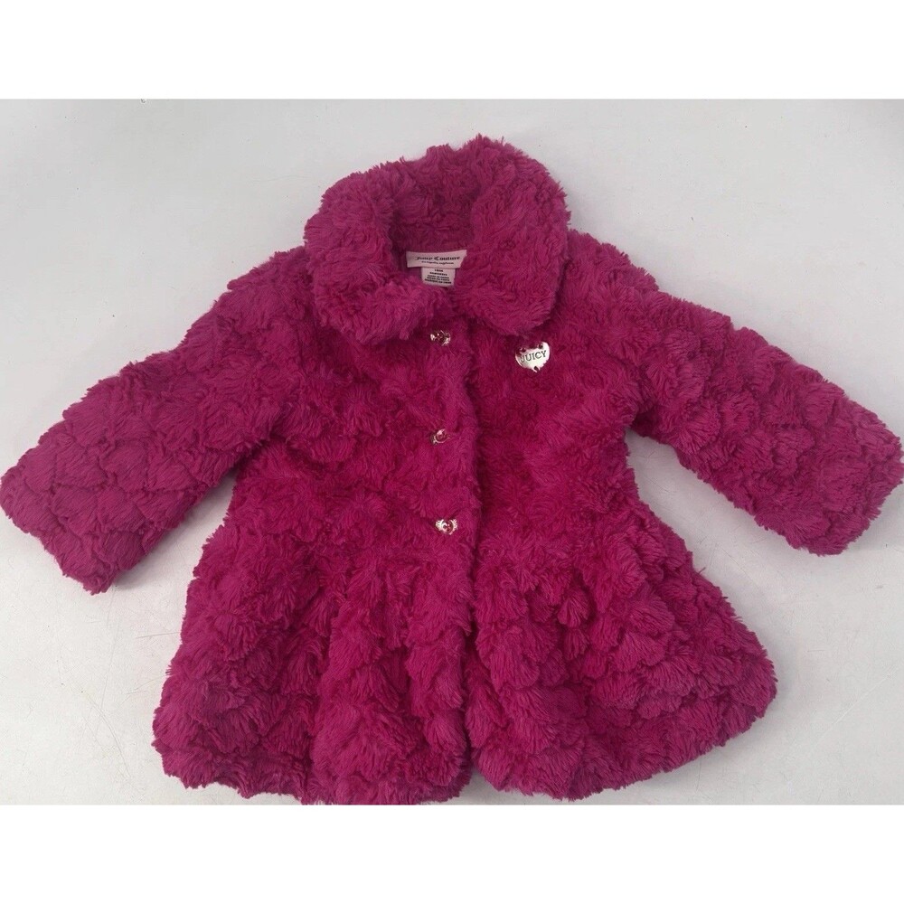 Juicy Couture Girls 18 Month fuchsia Faux Fur Long Sleeve Jacket Gold Buttons